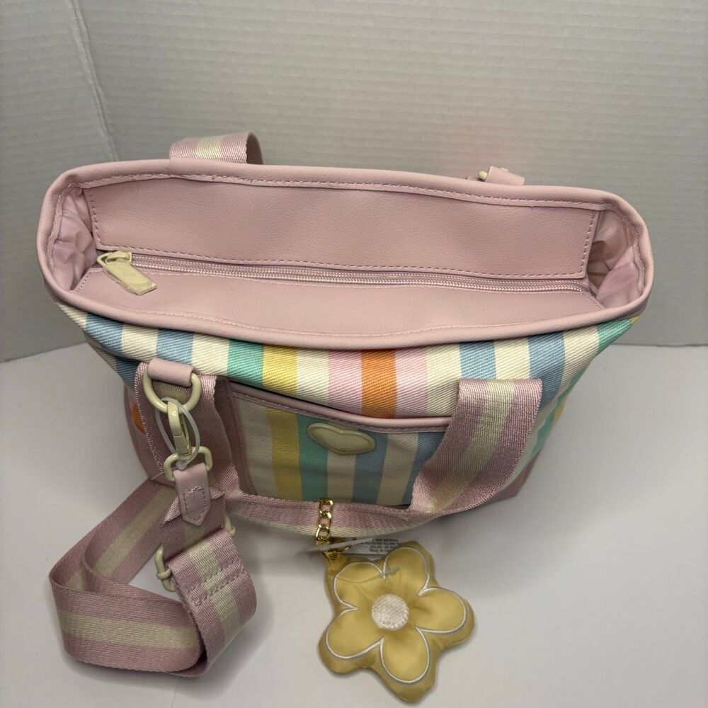 Betsey Johnson Canvas Tote Colorful Rainbow Stripe Floral Bag Charm NWT - Picture 14 of 14